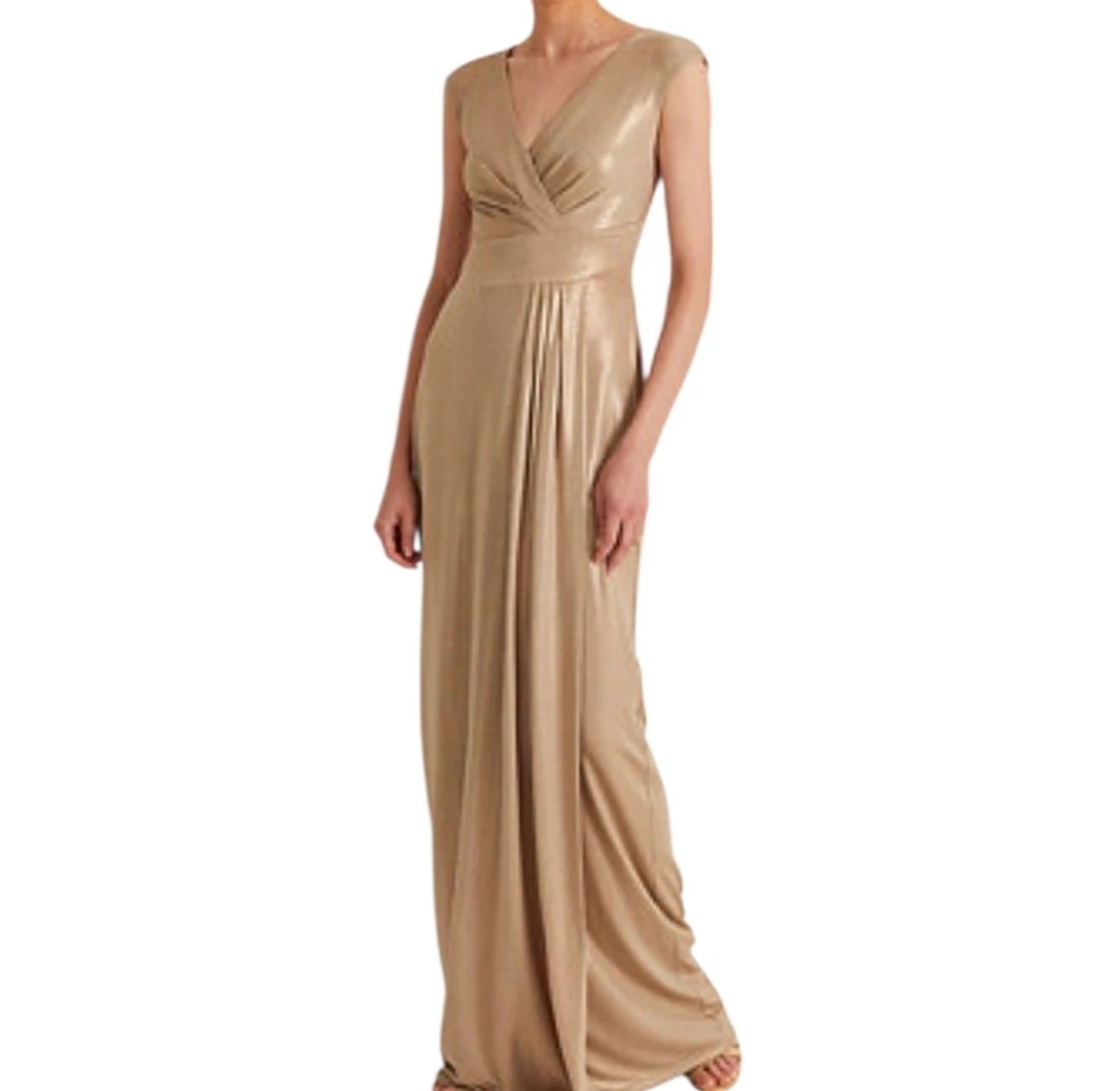 Lauren Ralph Lauren foil-print jersey surplice gown. 